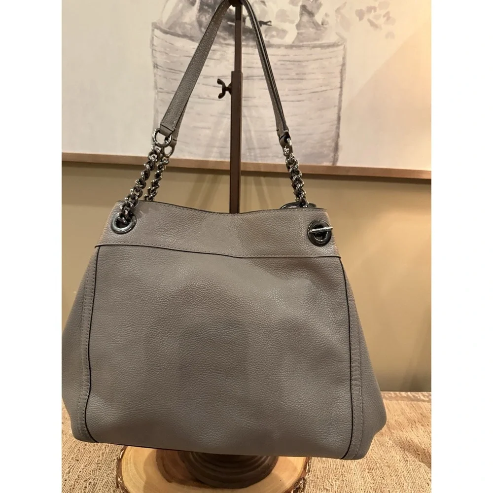 COACH Edie Grey Pebbled Leather Turnlock Shoulder Hand Bag Purse 3‎ Compartment - Picture 7 of 14